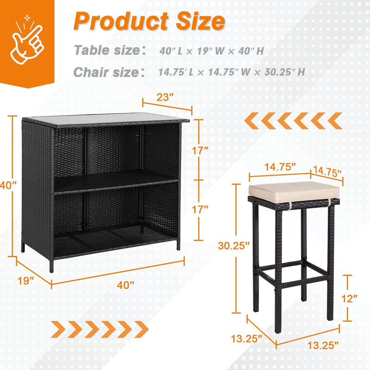 Patiomore 3-Piece Patio Outdoor Bar Set with Two Stools and Glass Top Table Patio Brown Wicker Furniture with Removable Cushions for Backyards, Porches, Gardens or Poolside