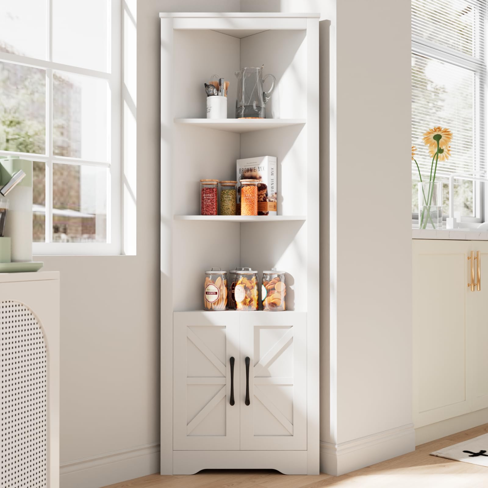 67” Tall Corner Cabinet, Farmhouse Corner Storage Cabinet with Barn Doors and shelves,
