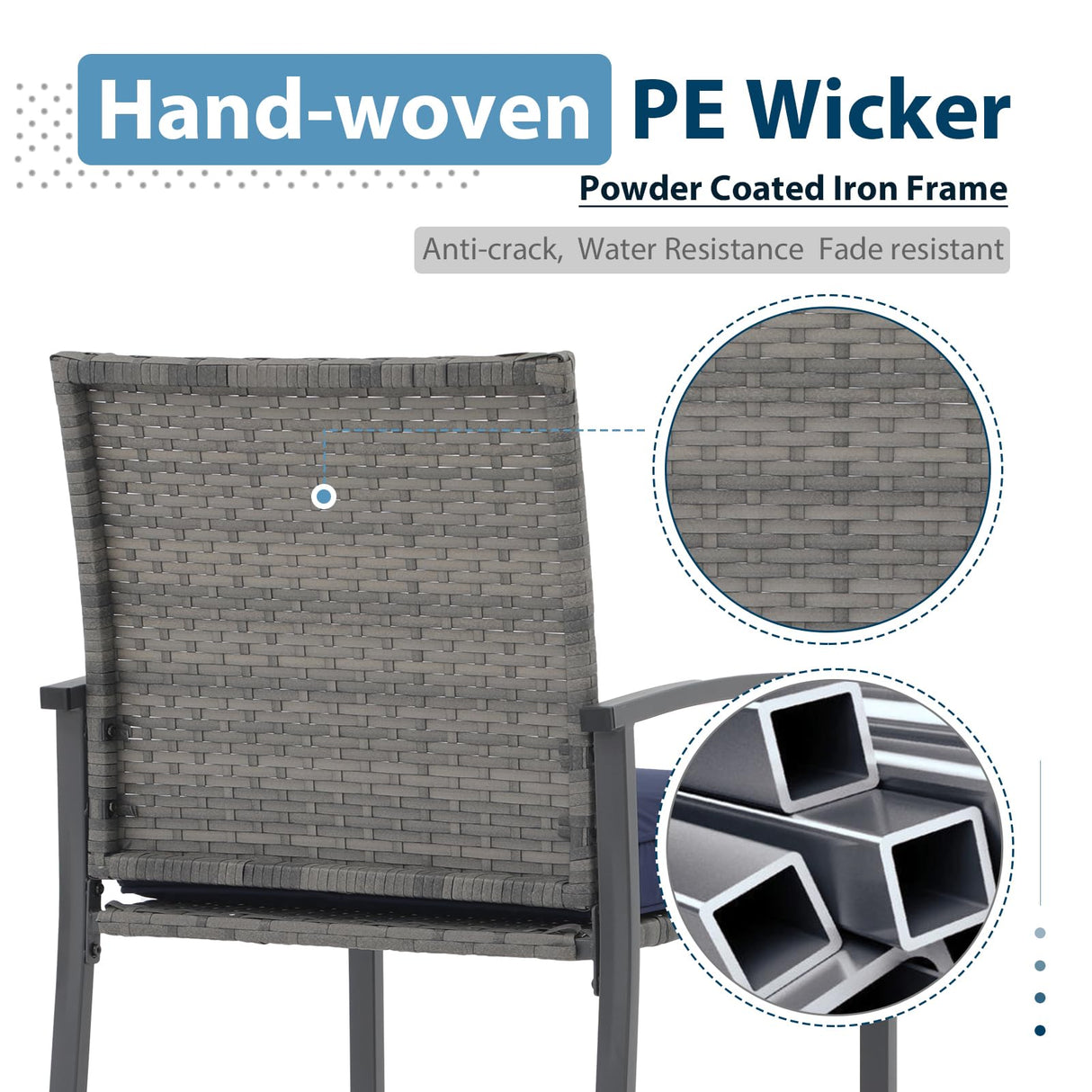 JOIVI 3 Piece Patio Bar Set, Outdoor Wicker Counter Height Bar Stools and Wood Top Table Set for 2 People, Bar Height Table Bistro Set with 2 Bar Chairs and Cushions for Backyard, Balcony