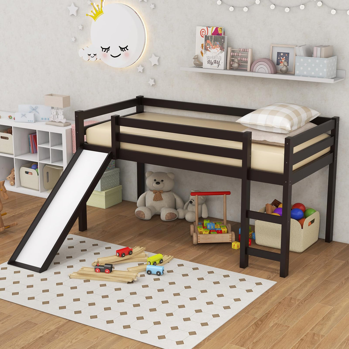 Twin Loft Bed with Slide, Wood Low Loft Bed for Kids