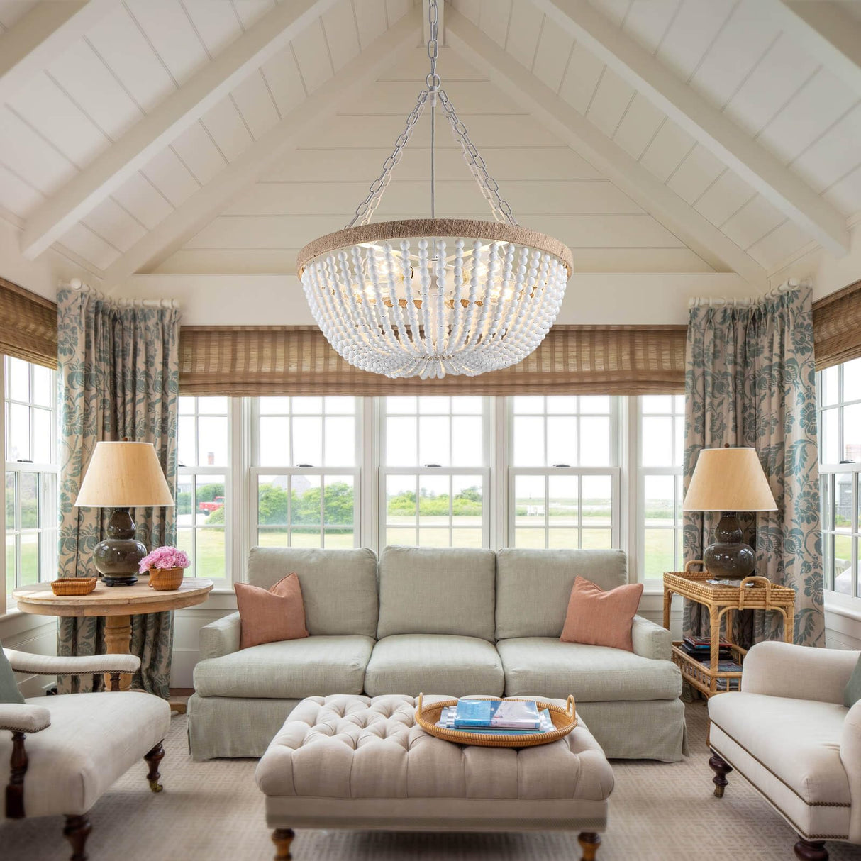 5 Lights White Bohemia Wood Beaded Chandelier, Farmhouse Boho Chandelier Light