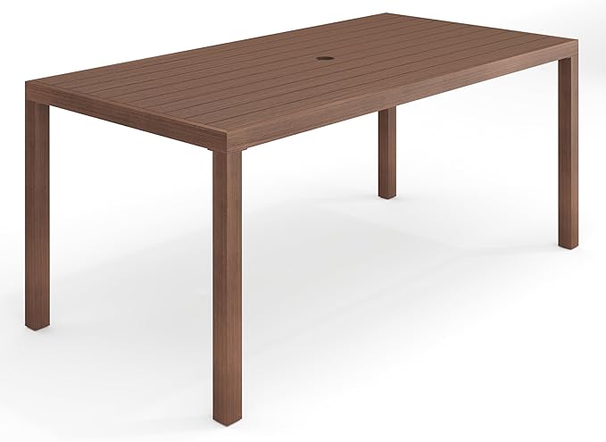 Bedford 70" Aluminum Patio Dining Table with Umbrella Hole - Brushed Woodgrain Finish