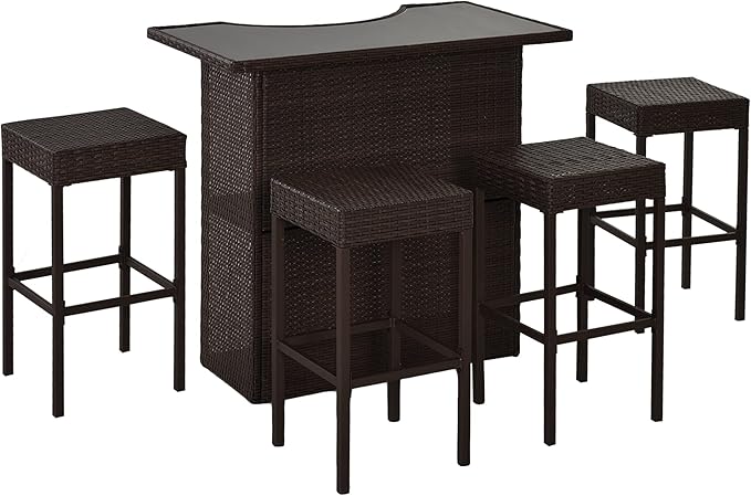 5 Pcs Rattan Wicker Bar Set, High Top Outdoor Table and Chairs