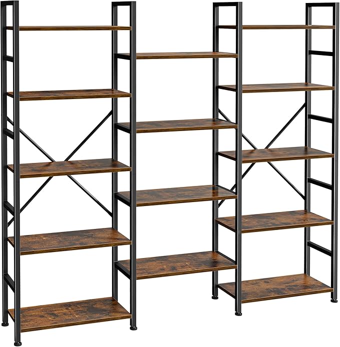 Triple 4 Tier Bookshelf, Bookcase with 11 Open Display Shelves, Wide Book Shelf Book Case for Home & Office, Rustic Brown