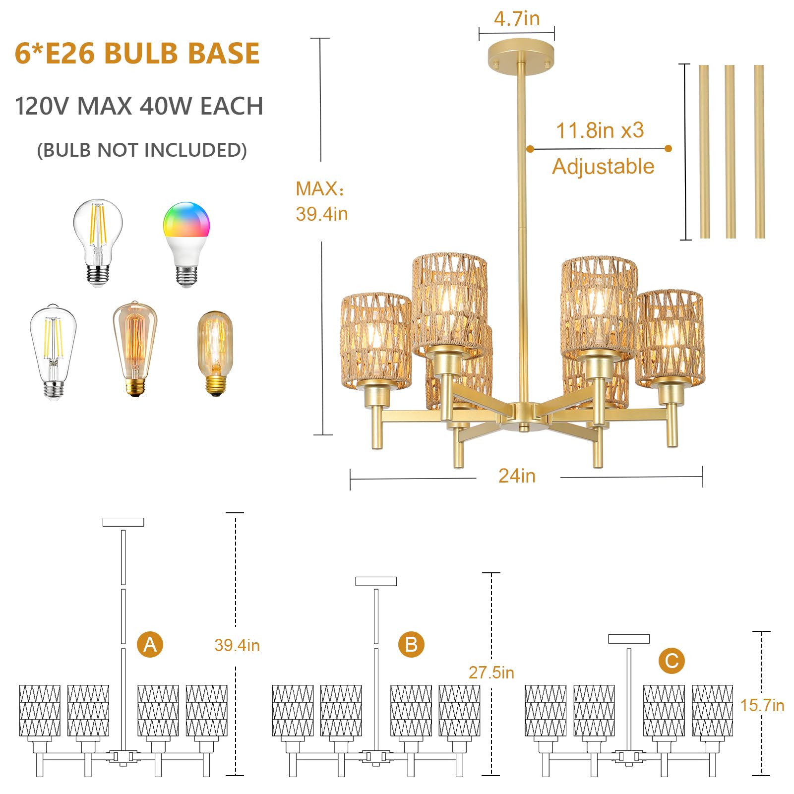 6-Lights Gold Chandelier Light Fixture - Boho Rattan Chandeliers for Dining Room, Farmhouse Kitchen Lighting Fixtures Ceiling, Hanging Pendant lights for Kitchen Island Bedroom Living Room Nursery