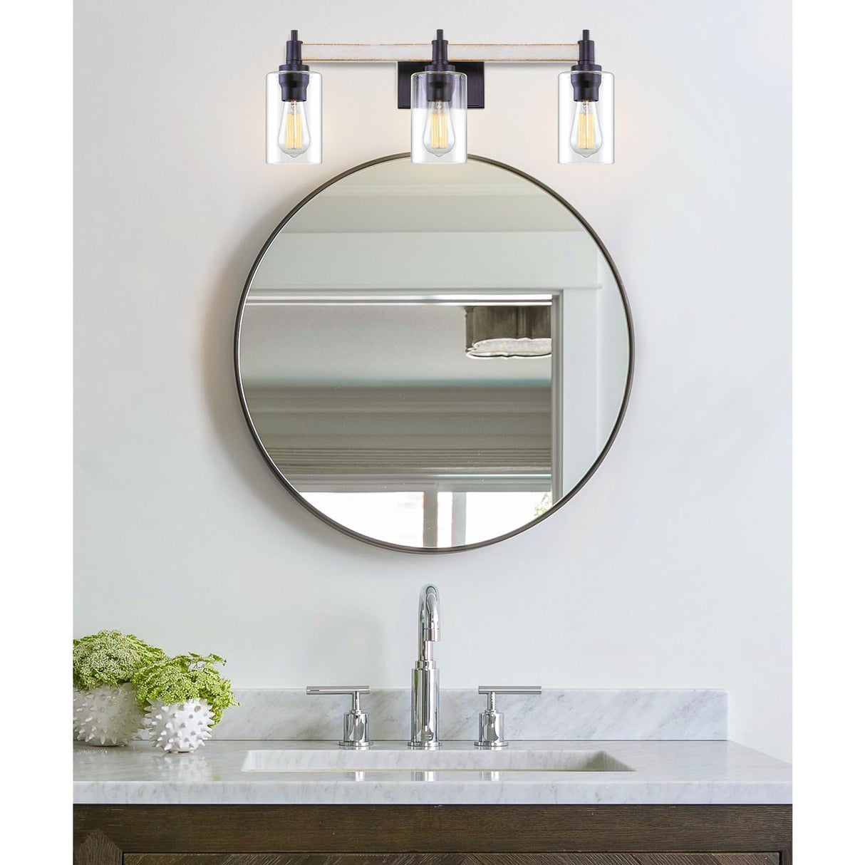 Theo 25" 3-Light Modern Farmhouse Vanity/Bathroom Light + Clear Cylinder Glass Shades