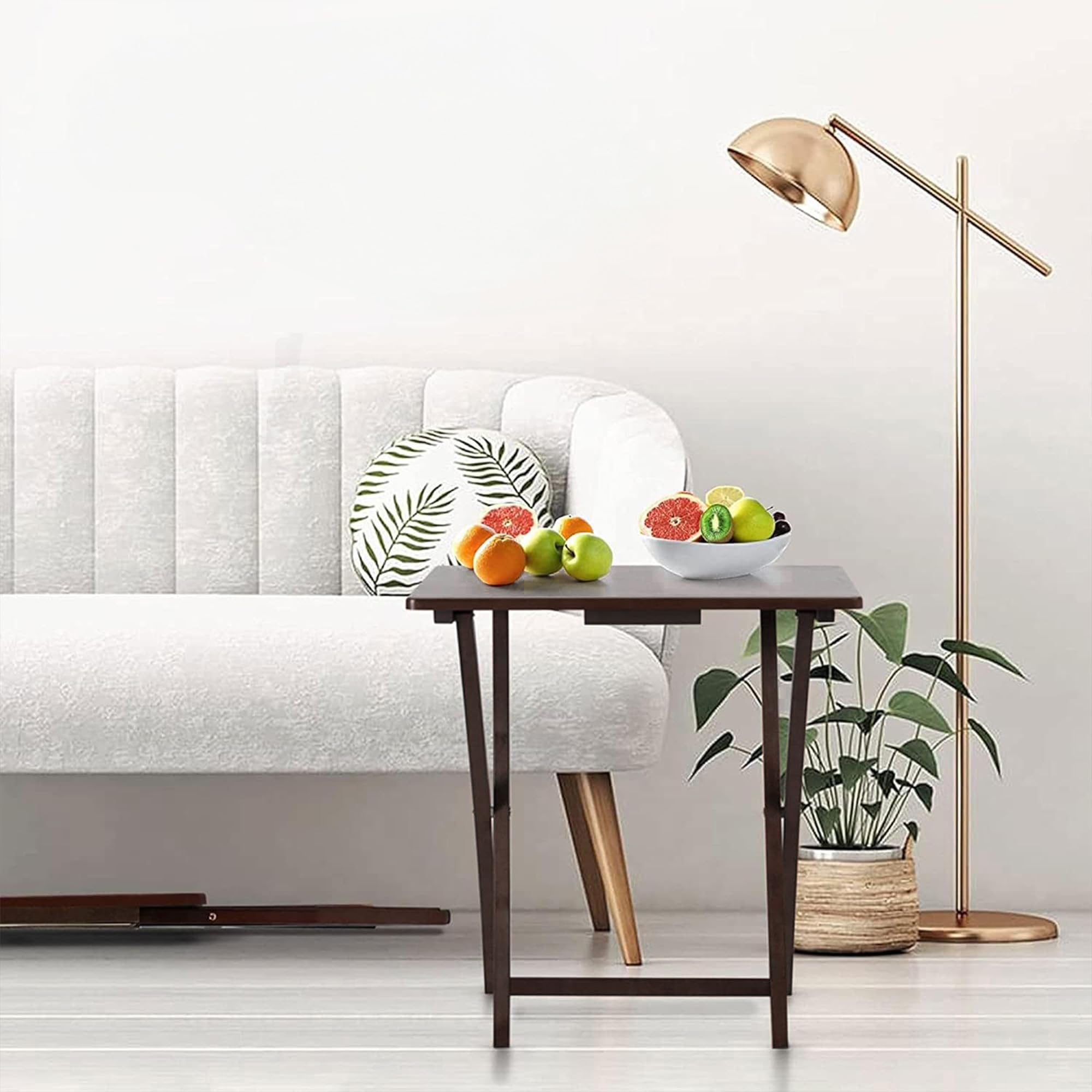 PJ Wood 5 Piece Set, 4 Folding Wooden TV Tray Snack Tables with Storage Rack