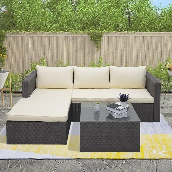 3 Piece Patio Furniture Sets, Outdoor Sectional Sofa Manual Wicker Rattan Corner Seating