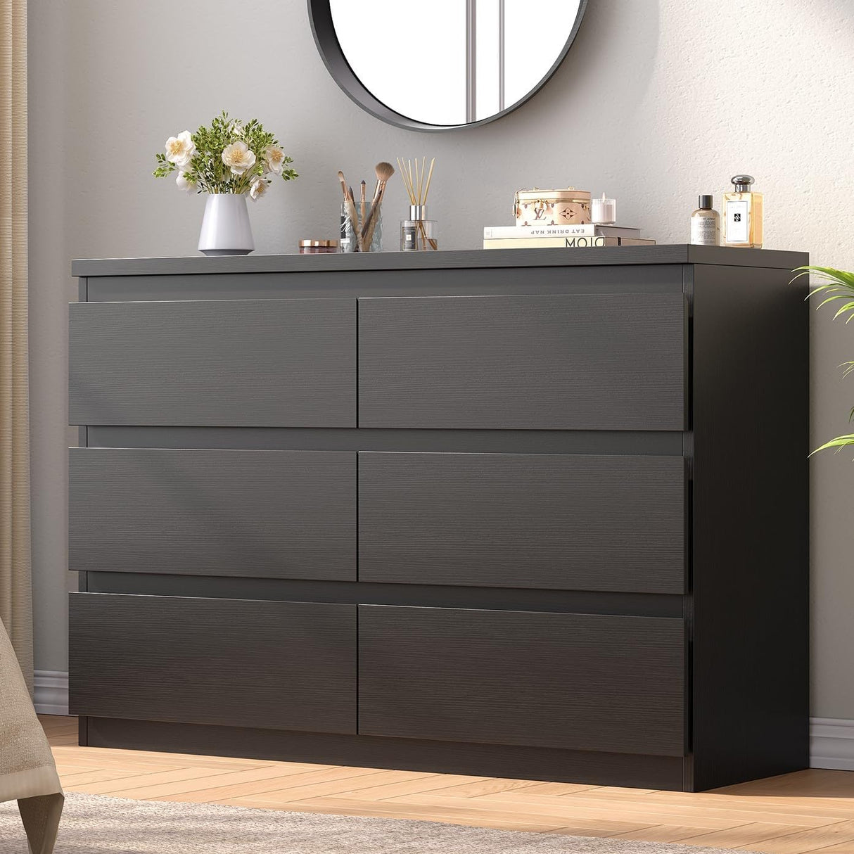 Black Dresser 6 Drawer Dresser for Bedroom, Simply Modern Chest of Drawers