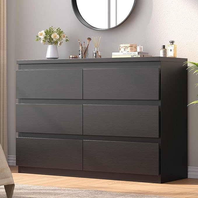Black Dresser 6 Drawer Dresser for Bedroom, Simply Modern Chest of Drawers