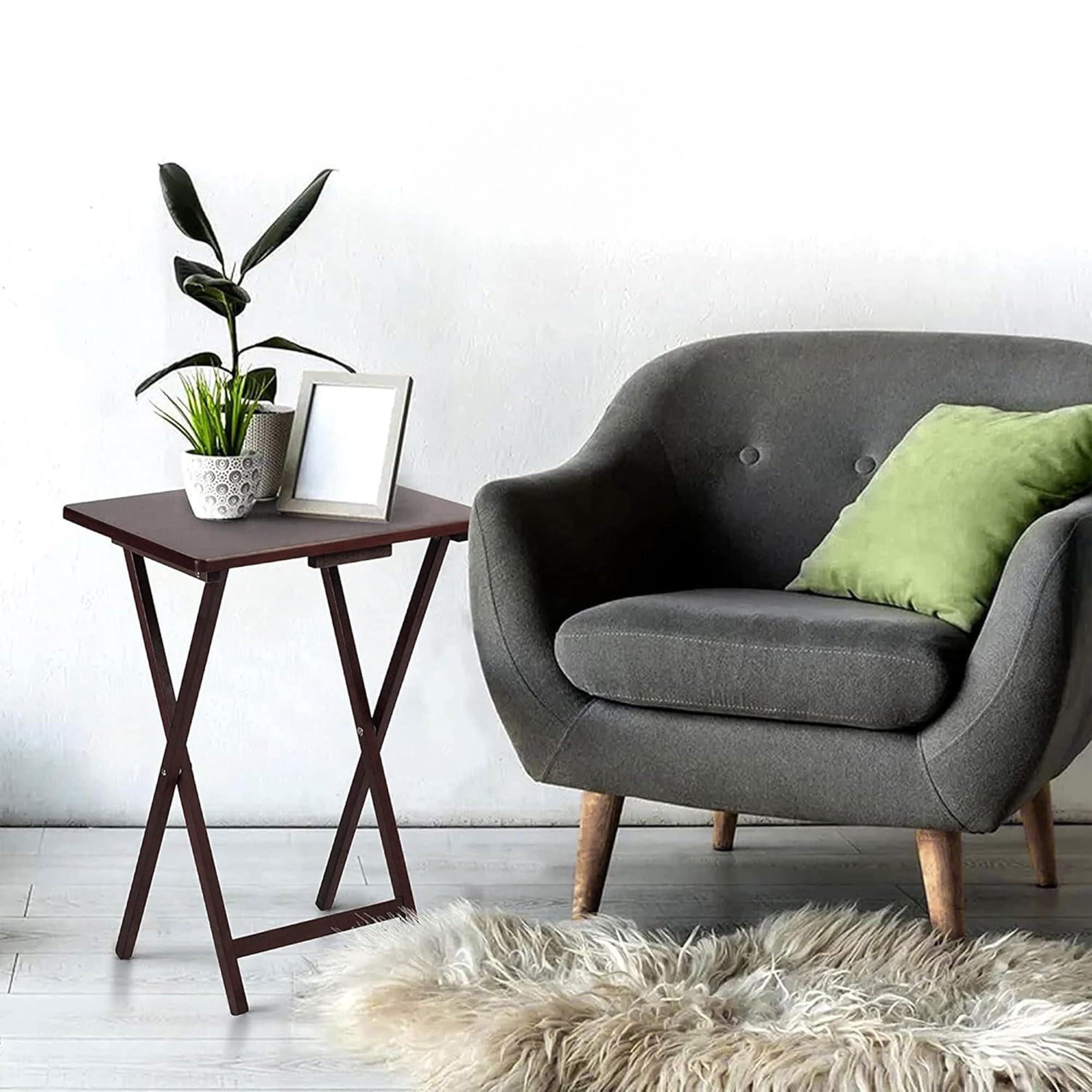 PJ Wood 5 Piece Set, 4 Folding Wooden TV Tray Snack Tables with Storage Rack