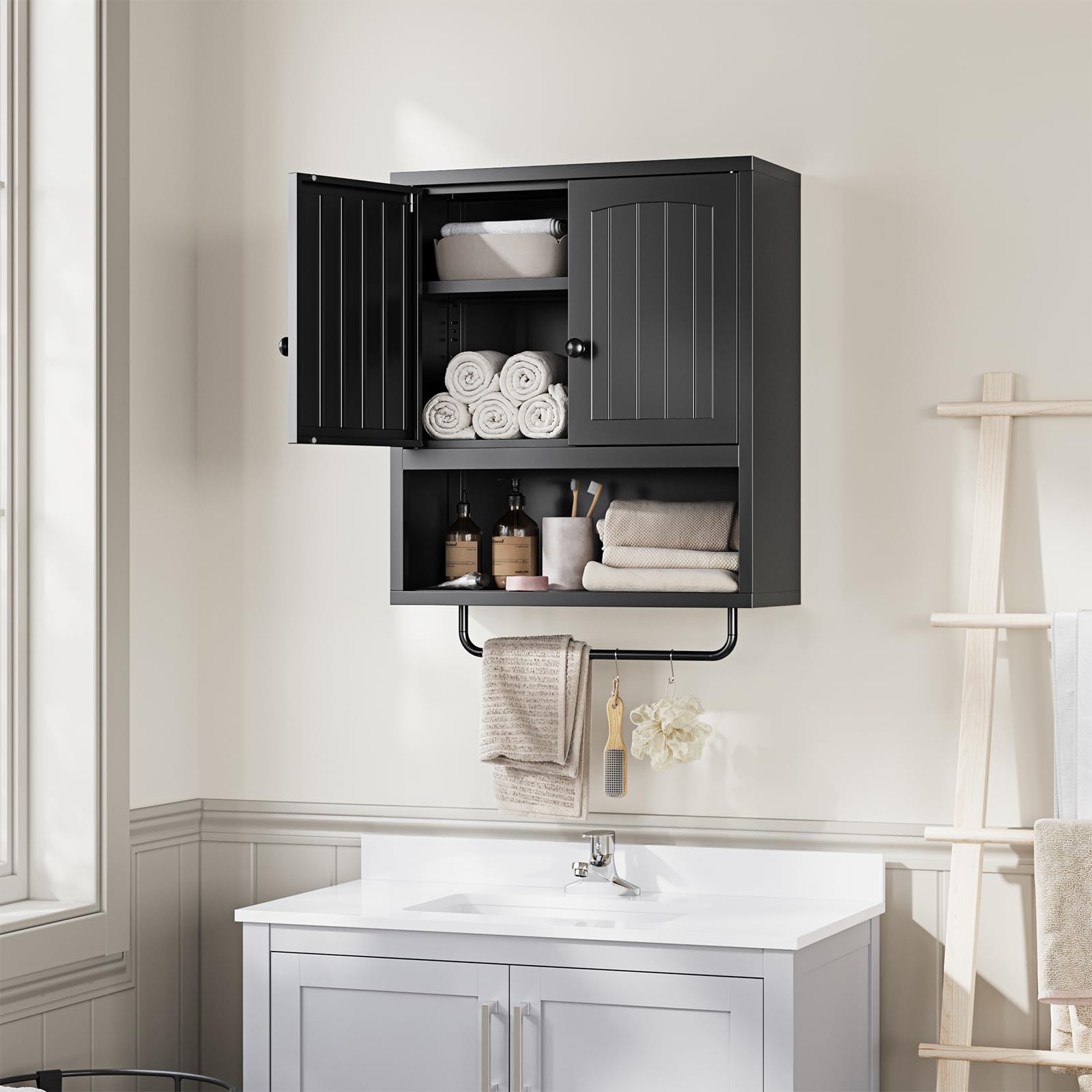 Black Metal Bathroom Wall Cabinet with 2 Doors,Metal Medicine Cabinet with Towel Rack