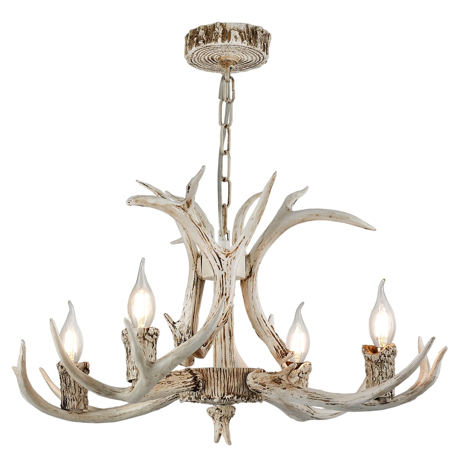 Vimatto Rustic Antler Chandelier 4-Light 25inch Old White Farmhouse Art Deco Antler Light Fixture for Dining Room, Kitchen Island & Living Room(White 4 Lights)