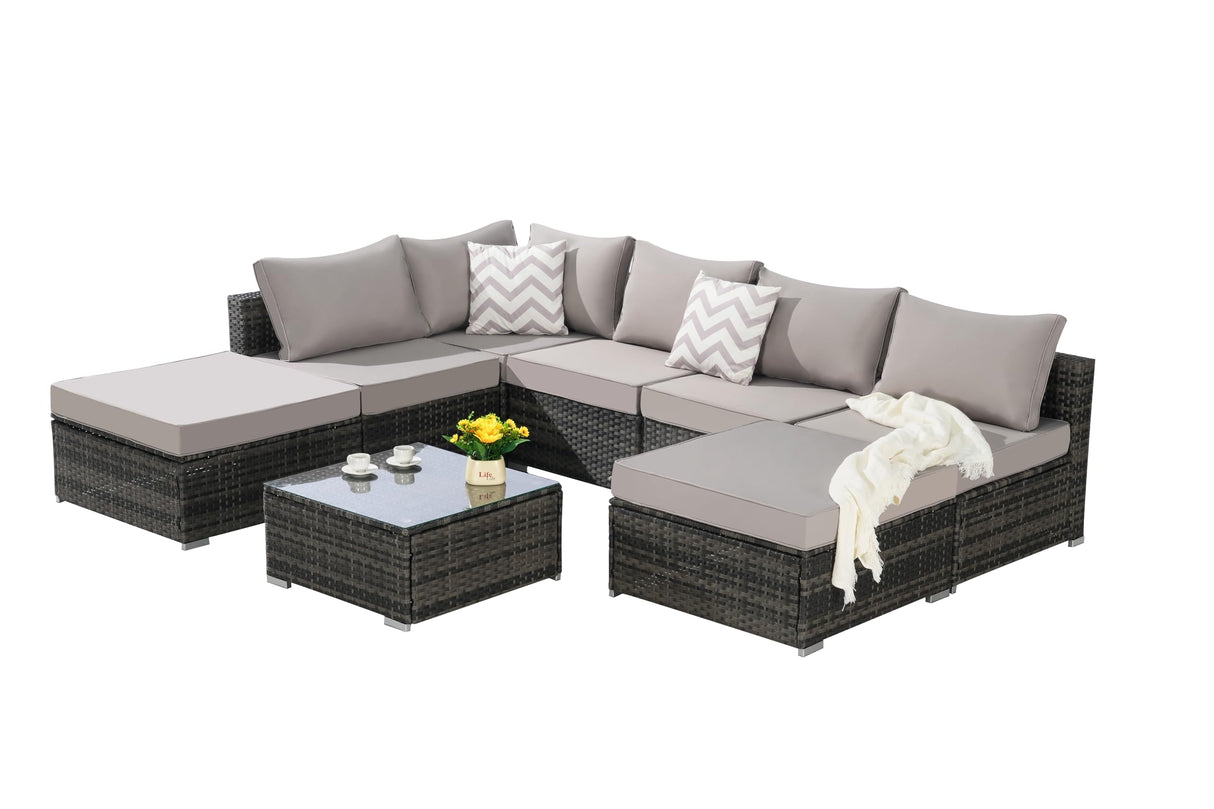 8-Piece Outdoor Patio Sectional Sofa Set with Glass Coffee Table - Light Gray Rattan