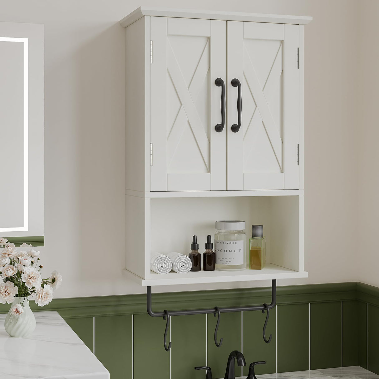 Farmhouse Medicine Cabinet, Bathroom Wall Cabinet with Adjustable Shelf, Towel Bar