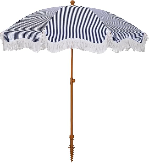 7 ft Heavy Duty Beach Umbrella with Sand Anchor, Fringe Umbrella for Sand