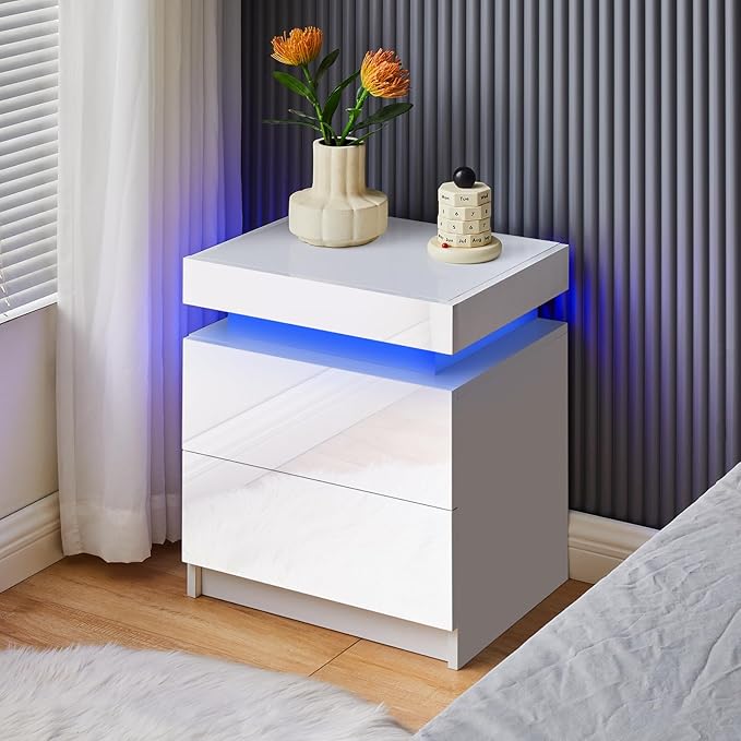 Nightstand Set of 2, LED Night Stand with 3 High Gloss Chest of Drawers, Bedside Table