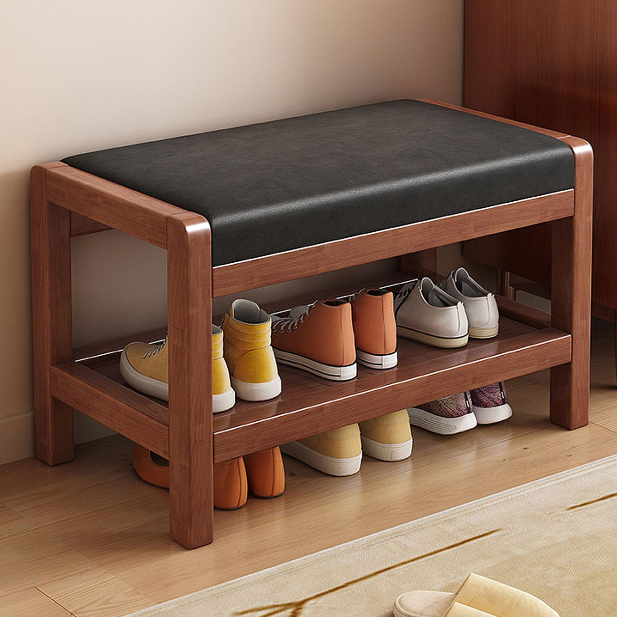 Shoe Rack Bench with Storage, Wood Storage Bench with PU Leather Cushioned Seat