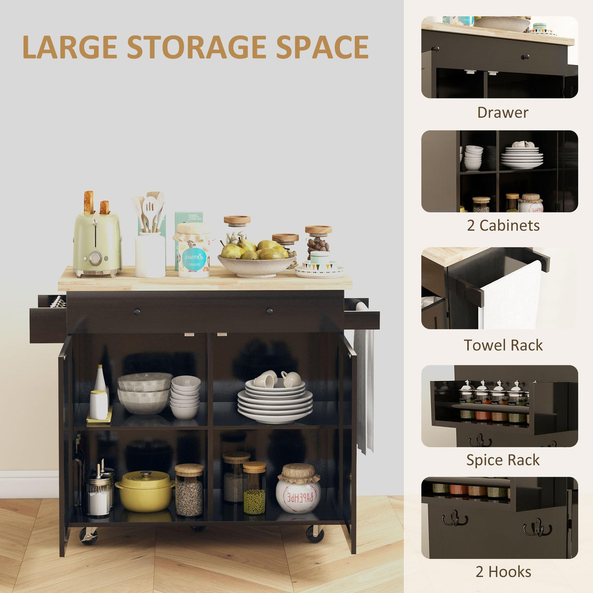 Kitchen Island with Storage, Farmhouse Rolling Kitchen Island Cart on Wheels