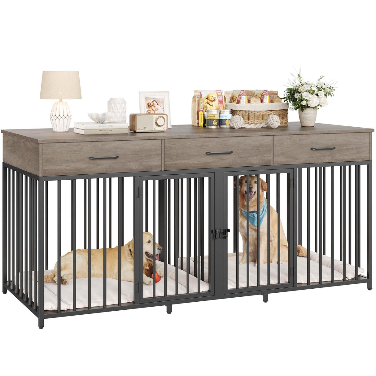 Double Dog Crate Furniture 71" Wide with 3 Drawers - Heavy Duty Wooden Kennel for 2 Large Dogs