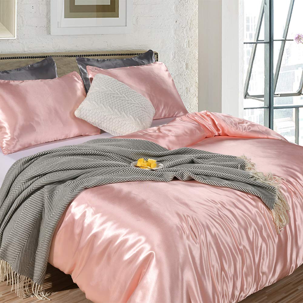 Hotel Pink Duvet Cover King Silk Like Satin Bedding Set