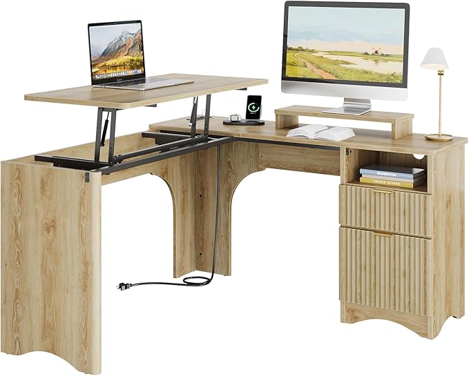 Bestier L Shaped Desk with Lift Desktop, 55 inch Corner Desk with Fluted Panel Deisgn Drawers, Modern Office Desk with File Drawer (Natual Oak, 55'' x 55'' Lift Top)
