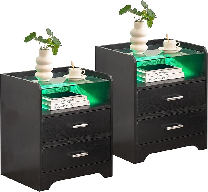 Nightstand Set of 2, LED Night Stand with 2 Drawers
