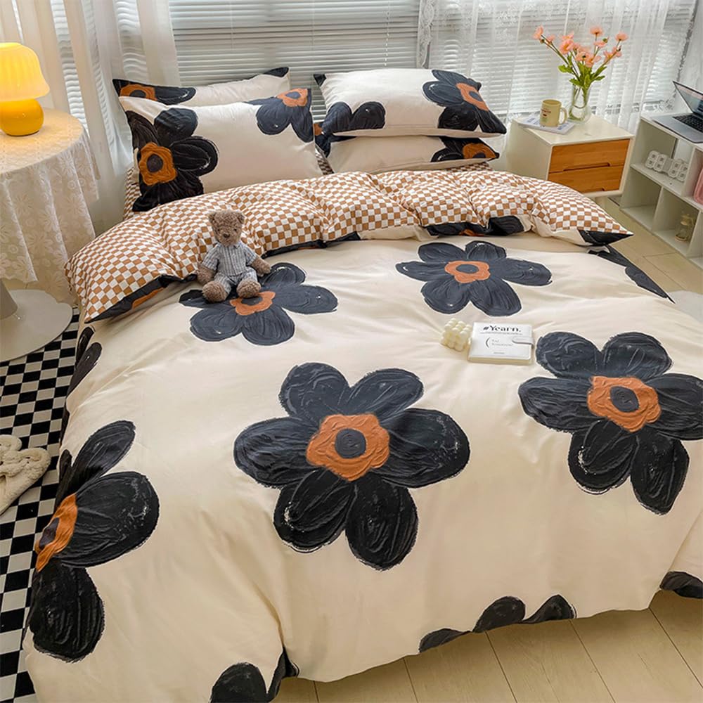 Black Sunflower Comforter Set King 3 Pieces Beige Floral Bedding Comforter Sets Pumpkin