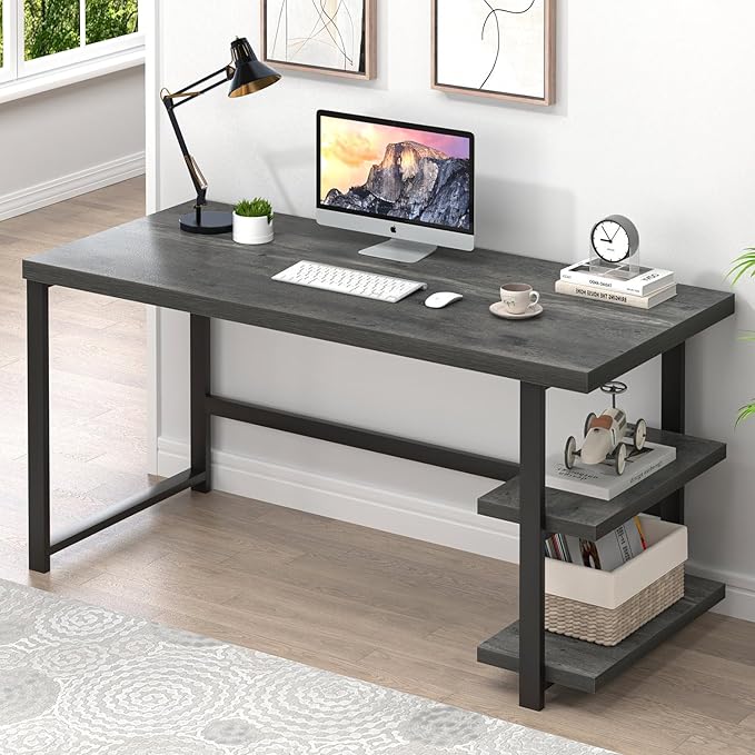 Industrial Computer Desk, Home Office Desk with Storage Shelves, Wood Study Writing