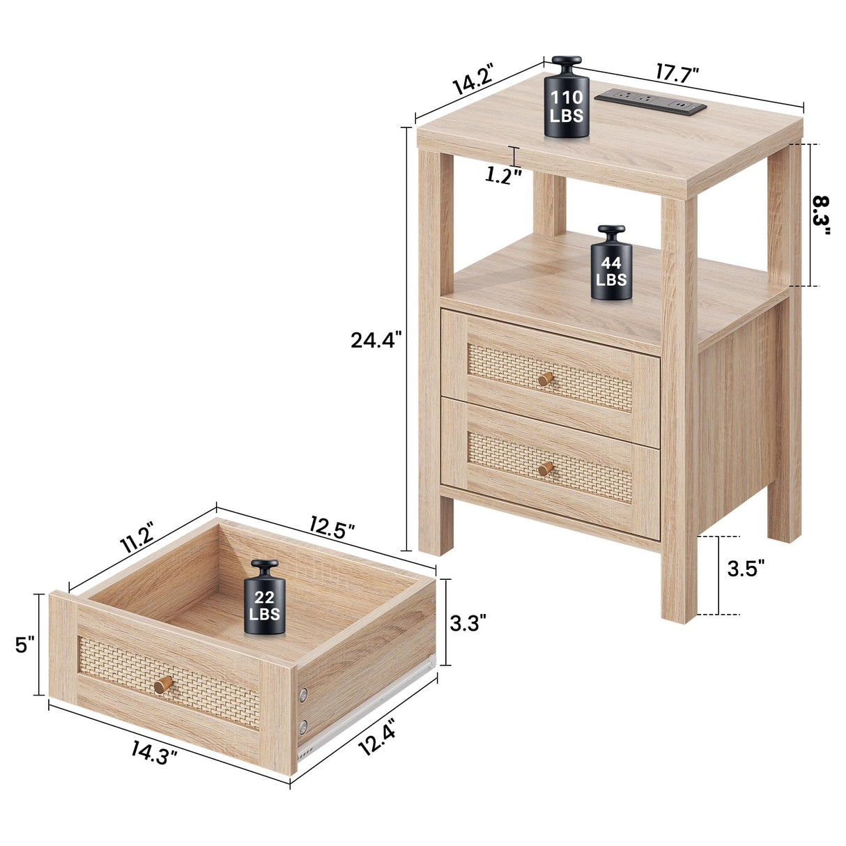 Rattan Nightstands Set of 2 with Charging Station, Farmhouse End Tables with 2 Drawers