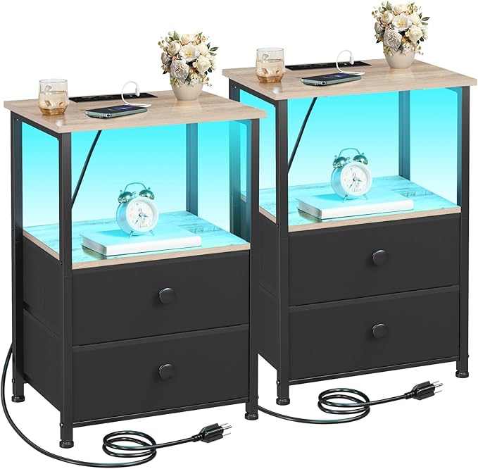Night Stand Set 2, LED Nightstand with Charging Station