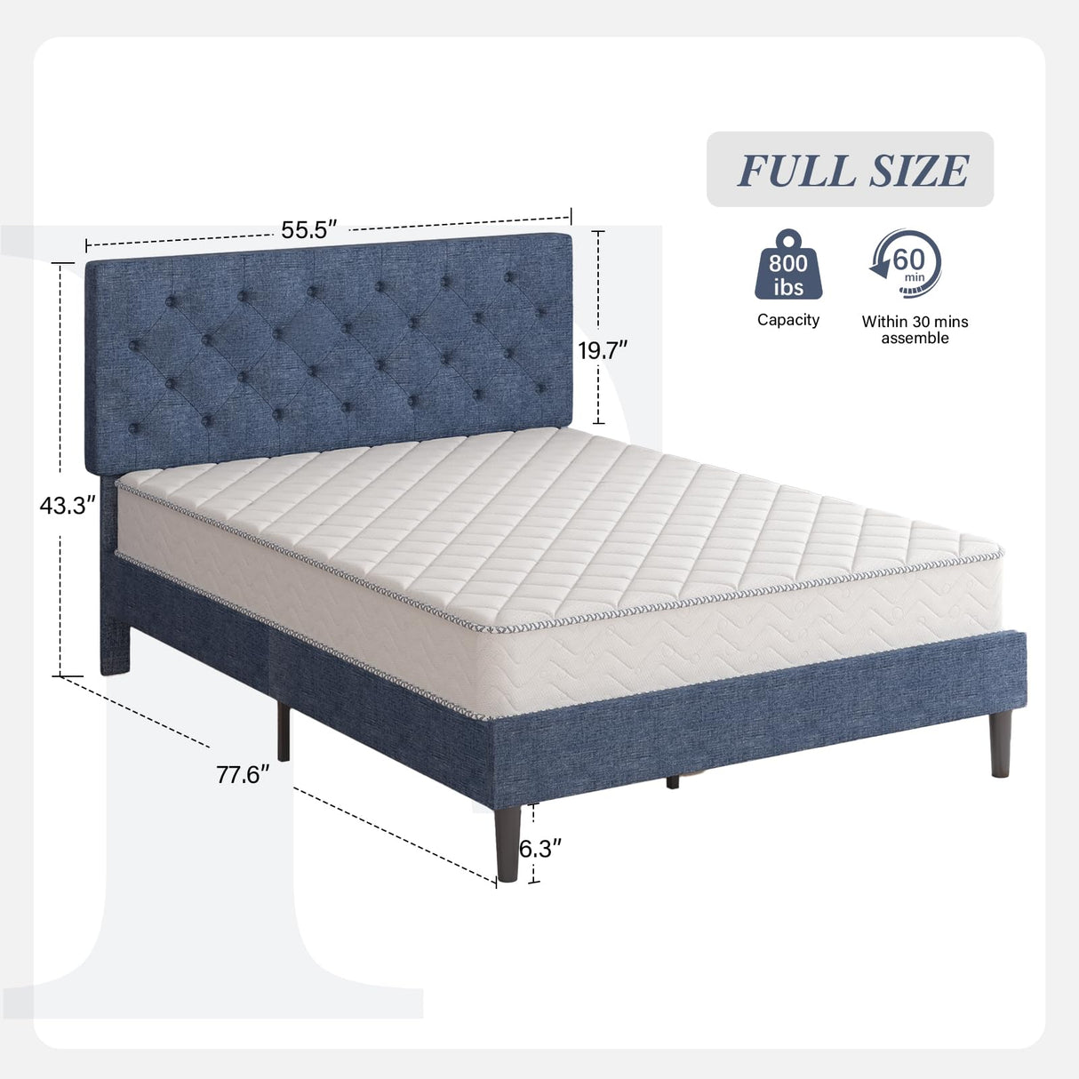 Full Size Bed Frame with Button Tufted Headboard, Upholstered Platform Bed with Wooden Slats Support, No Box Spring Needed, Easy Assembly, Navy Blue
