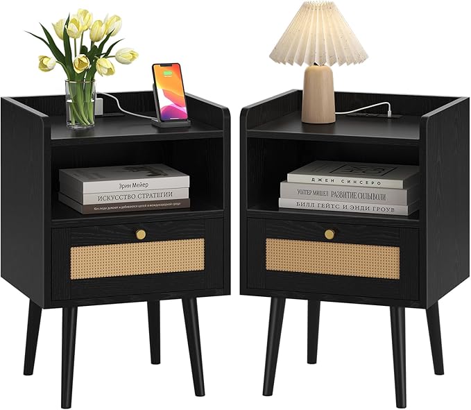 Night Stand Set of 2, Bedside Tables with Charging Station