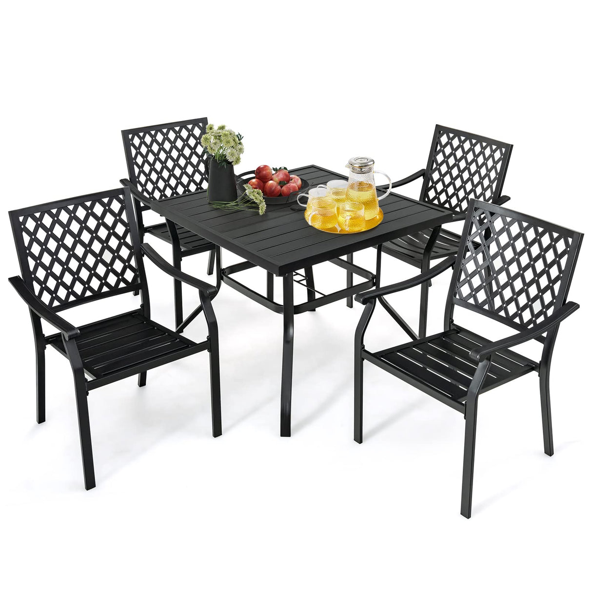 5 Pieces Metal Patio Dining Set, 37 Inches Square Dining Table with 4 Stackable Chairs