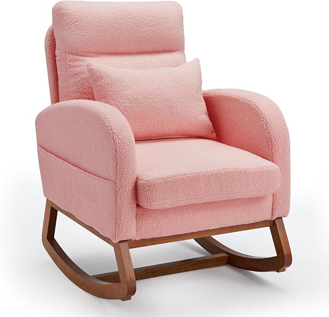 Teddy Upholstered Glider Rocking Chair with Side Pockets, Accent Chair with High
