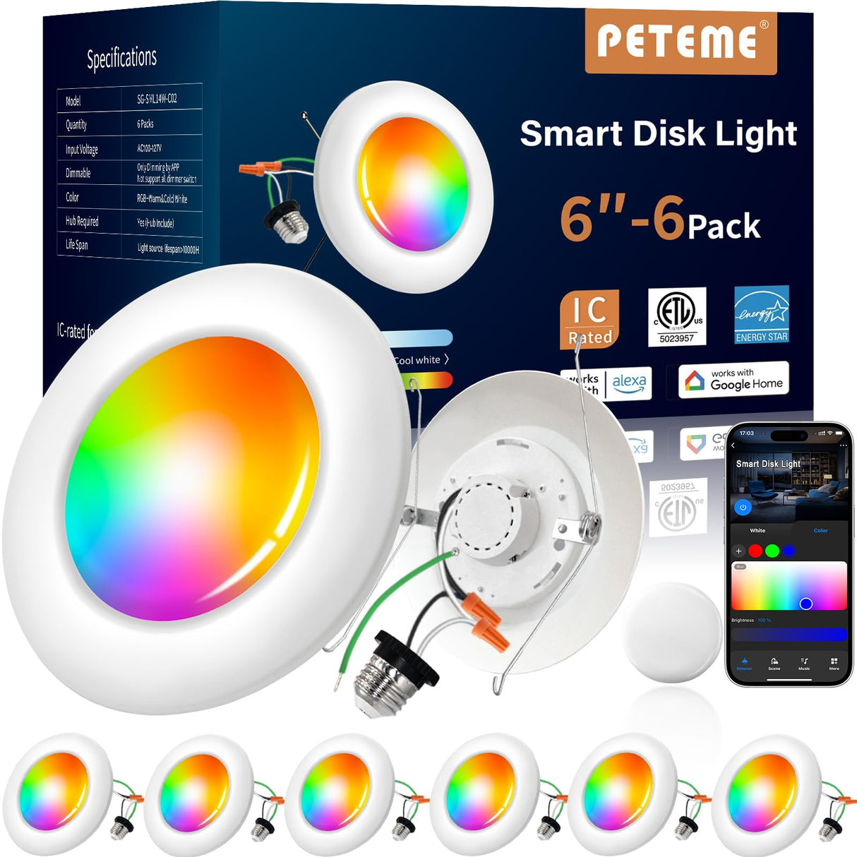Smart LED Disk Lights 5/6 Inch - RGBWW Color Changing Dimmable Recessed Ceiling Lights (6-Pack)