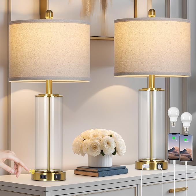 26" Black Glass Table Lamps Set of 2, 3-Way Dimmable Touch Control Living Room Lamp