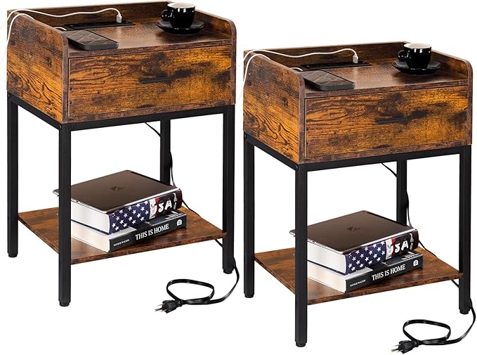 Nightstand with Charging Station and USB Ports, Natural Night Stand