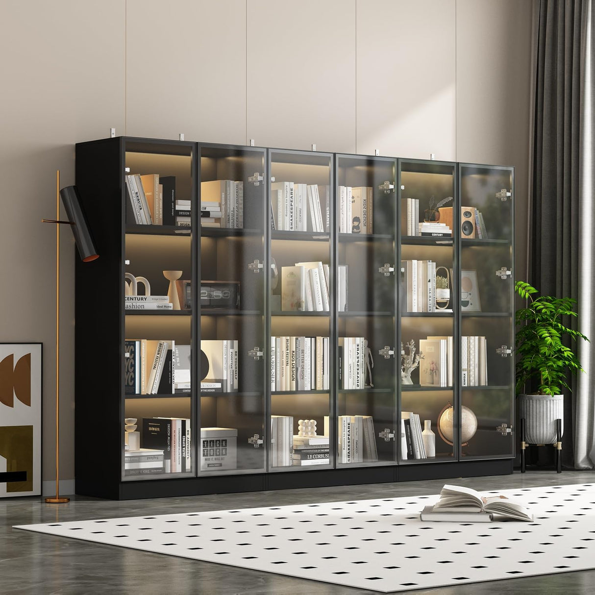 63”H Tall Glass Bookcase Display Cabinet with Lights, 4 Tier Shelves & 2 Glass Doors, Modern Bookshelf Organizer Glass Cabinet for Home Office, Living Room, Kitchen, Garage (Black)