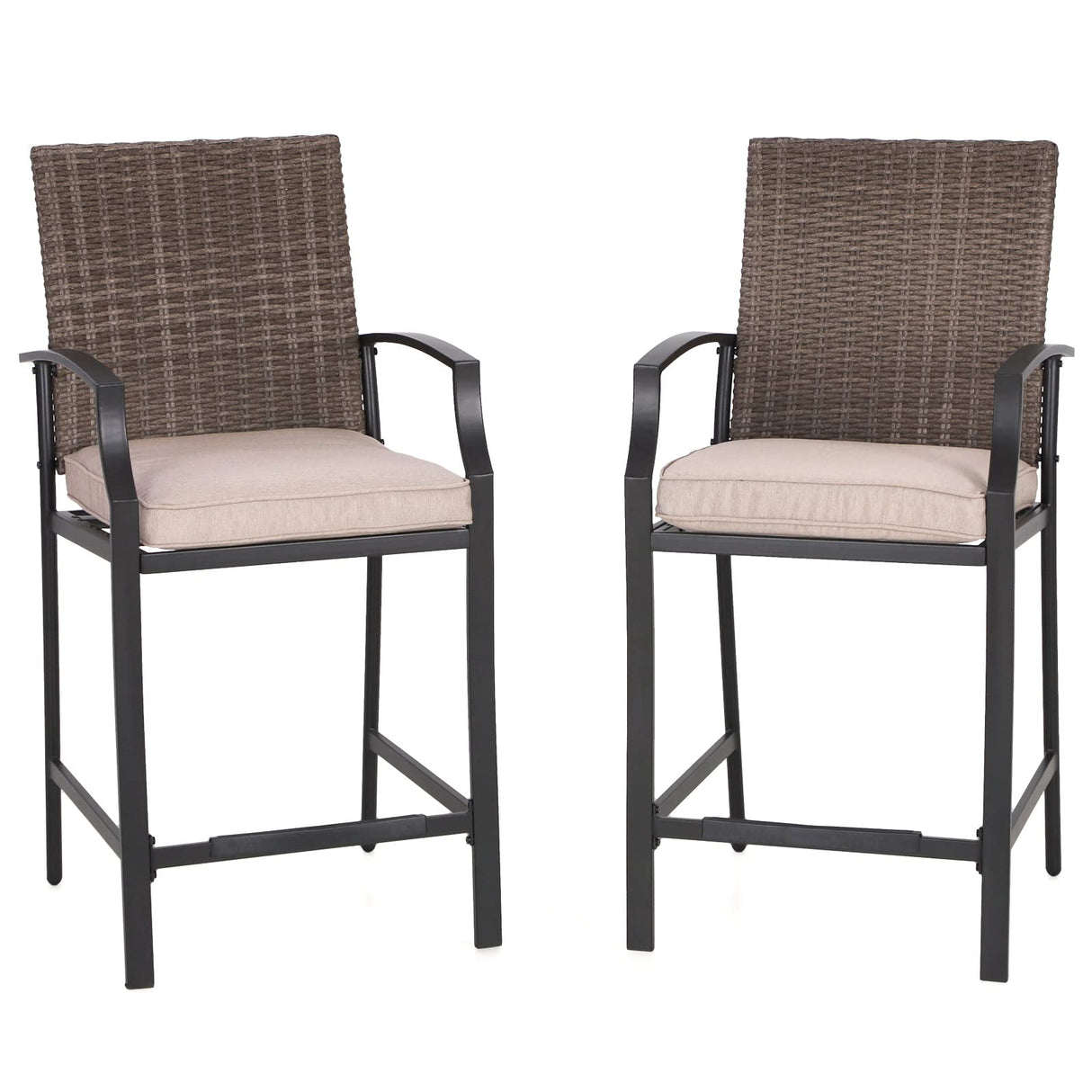 Outdoor Bar Stools Set of 2, Wicker Rattan Bar Stool with Footrest and Armrest