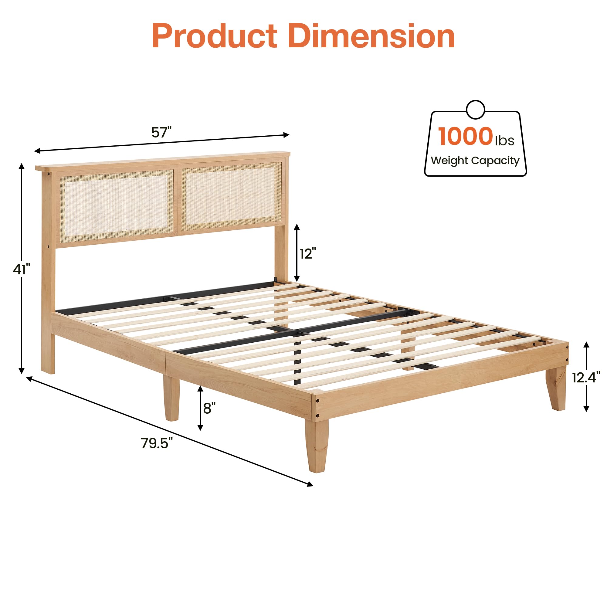 GarveeHome Rattan Bed Frame Queen, Natural Rattan Headboard Queen Bed Frame with Led Lights, Noise-Free Platform Bed Frame with Wooden Support Legs and Slats, Easy Assembly, No Box Spring Needed