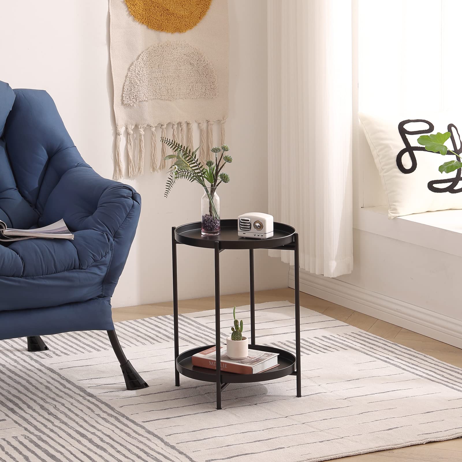 Tiita Round End Table Mental 2-Tier Side Table Nightstand/Small Iron Tables Accent Coffee Table for Living Room Bedroom Office Small Space