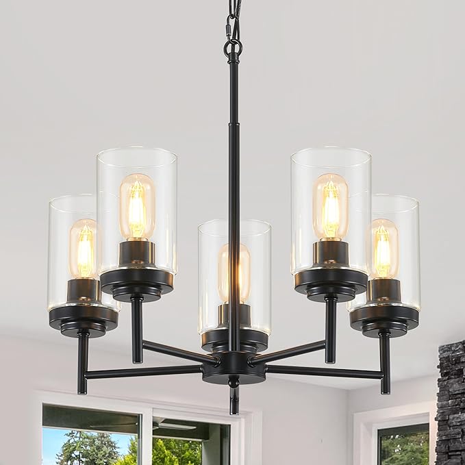 6-Light Farmhouse Modern Chandelier, Black Chandelier for Living Room Light Fixture