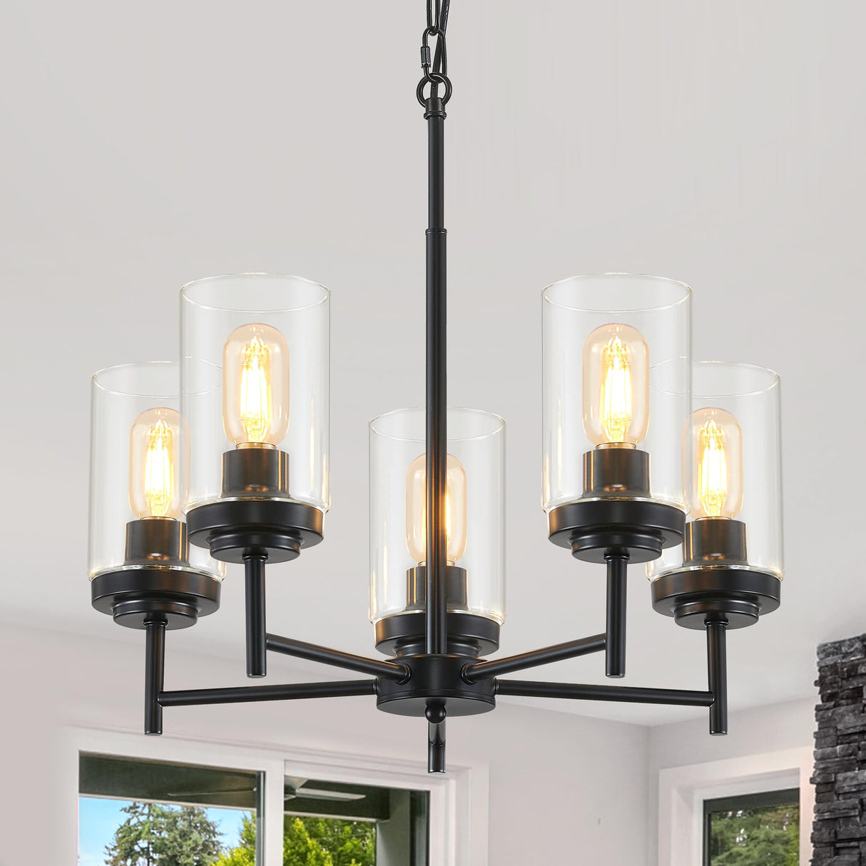 YUEMZS 5-Light Farmhouse Glass Chandelier, Modern Black Chandelier for Living Room Light Fixture, Industrial Chandeliers for Kitchen, Dining Room, Foyer, Entryway