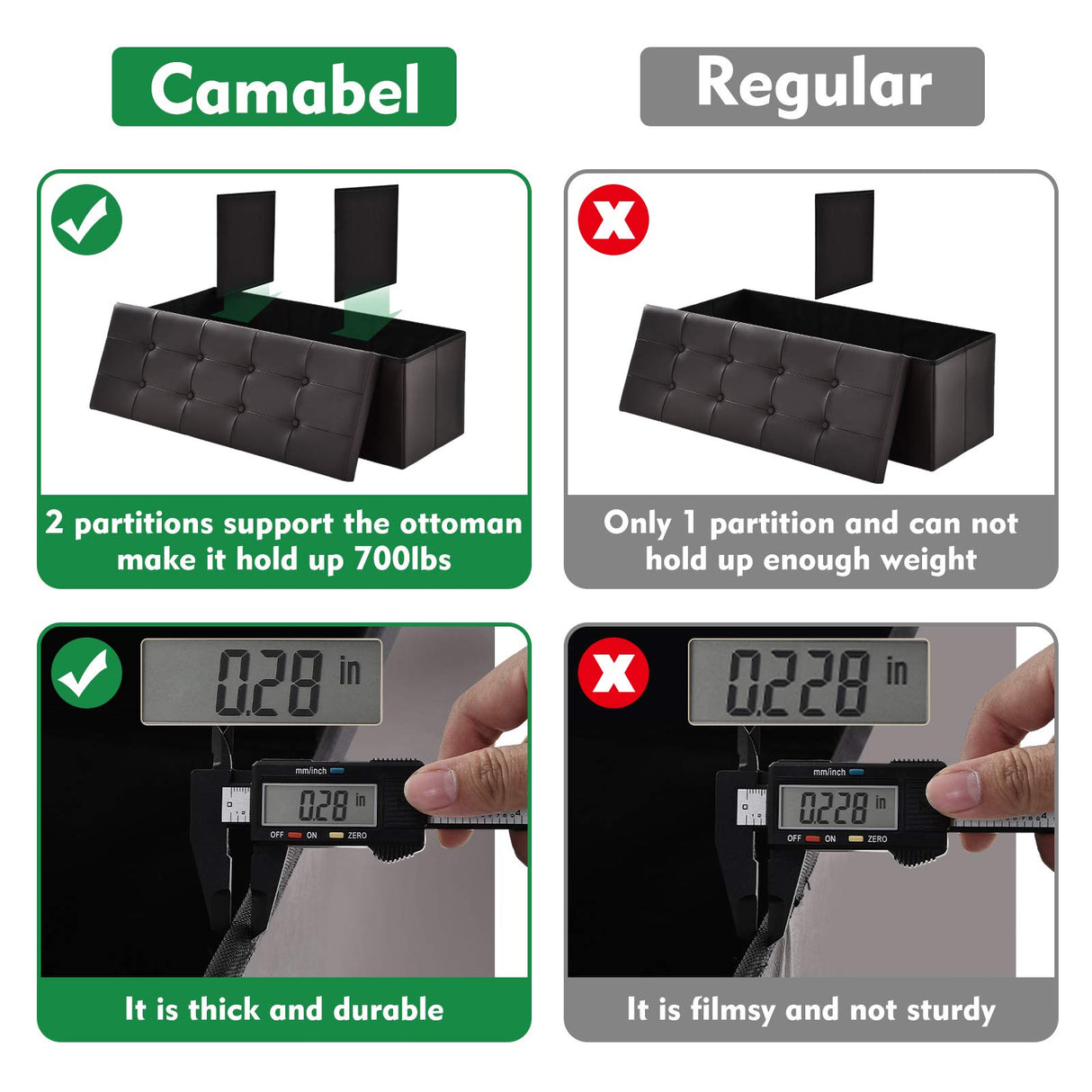 Folding Ottoman Storage Bench Cube 43 inch Hold up 700lbs Faux Leather Long Chest