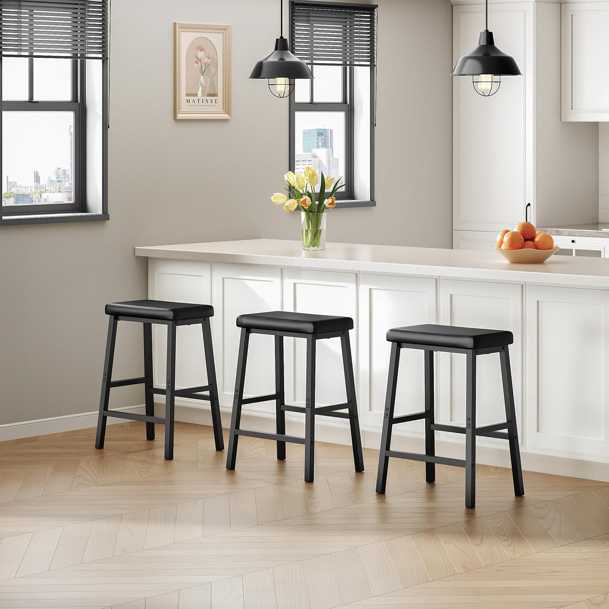 Bar Stools, 24" Set of 2 Bar Chairs, PU Leather Upholstered Breakfast Stools