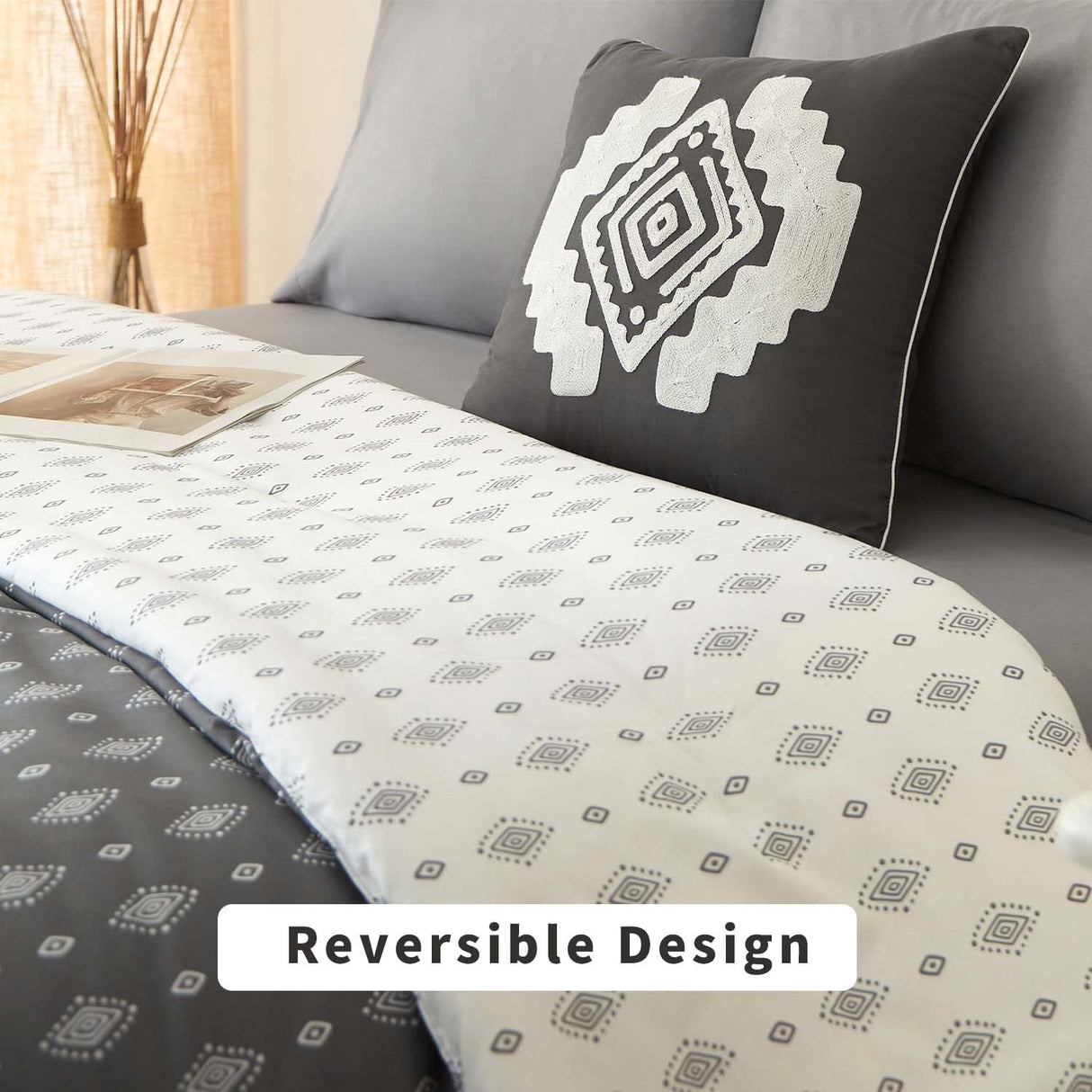 Queen Comforter Set, Boho Bed in a Bag 7PCS, Grey Reversible Aztec Pattern,