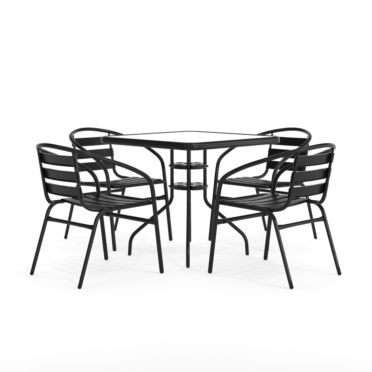 5-Piece Patio Dining Set with 31.5" Square Glass Metal Table and 4 Stackable Slat Back Chairs, Indoor/Outdoor Bistro Set, Black