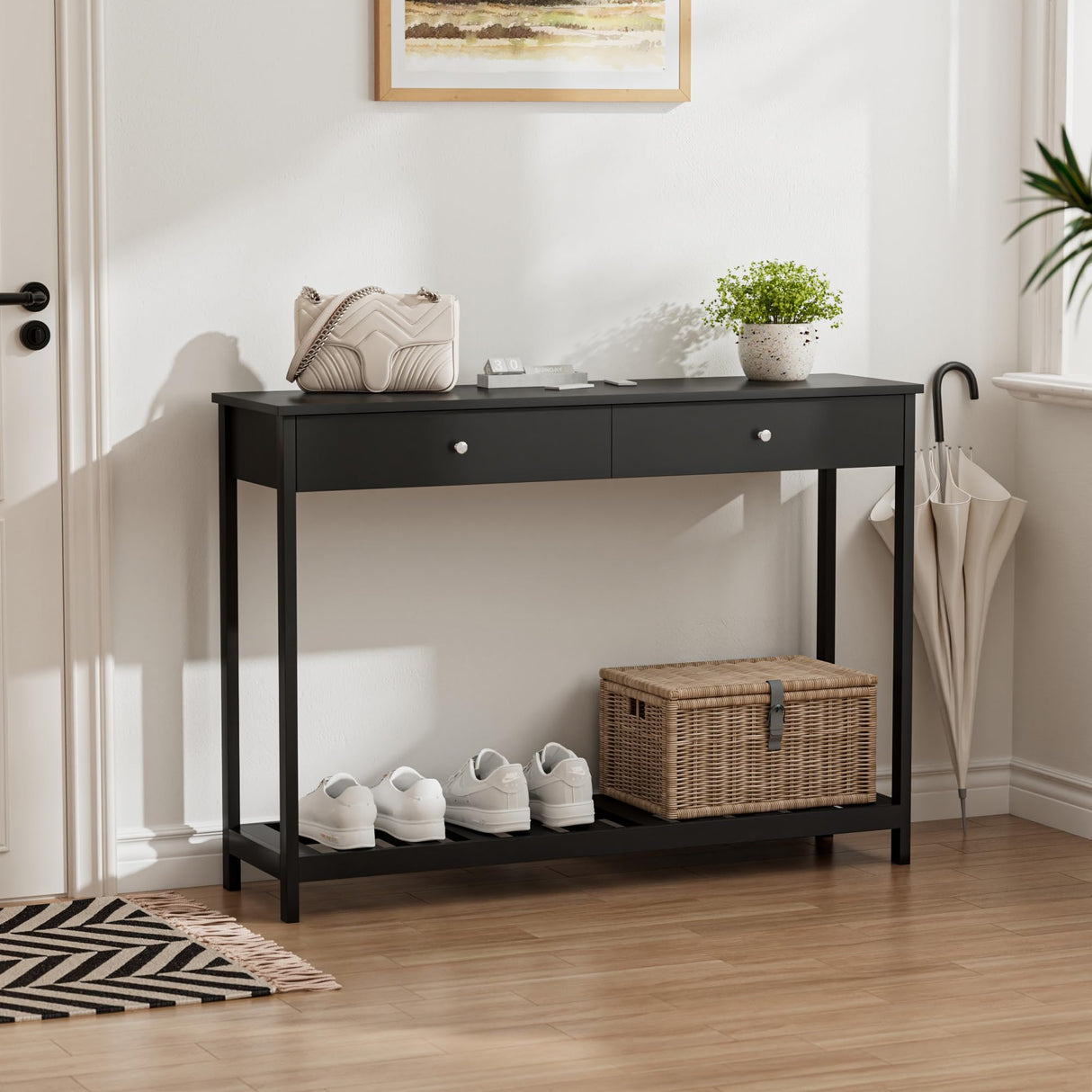 Console Table with Drawers & Storage Shelves Narrow Sofa Table for Entryway