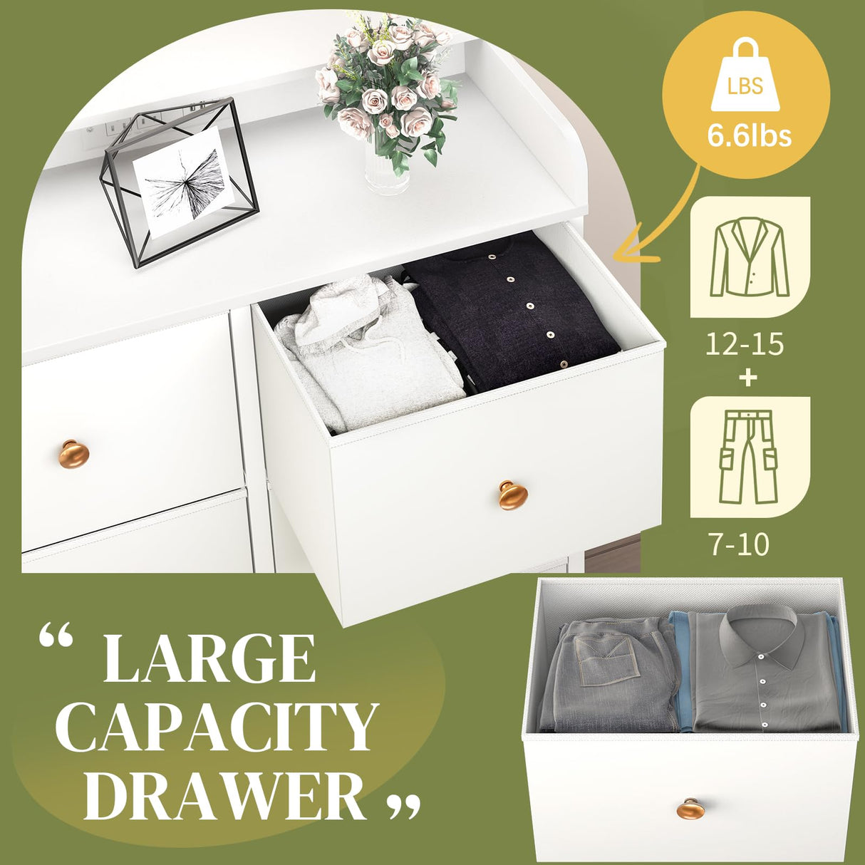 Dresser for Bedroom with Charging Station, 6-Drawer Chest Furniture with LED Lights